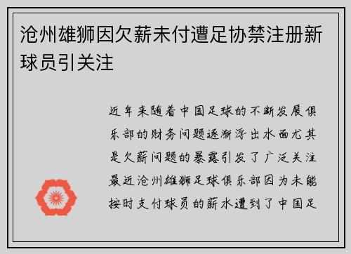 沧州雄狮因欠薪未付遭足协禁注册新球员引关注